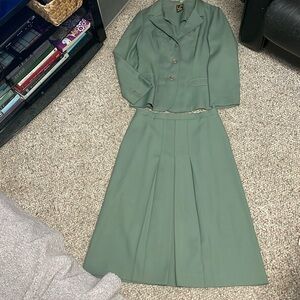 Vintage 70s polyester pleated skirt and blazer set in olive green